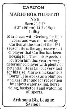1981 Ardmona Big League Series 1 Carlton Blues (VFL) #NNO Mario Bortolotto Back